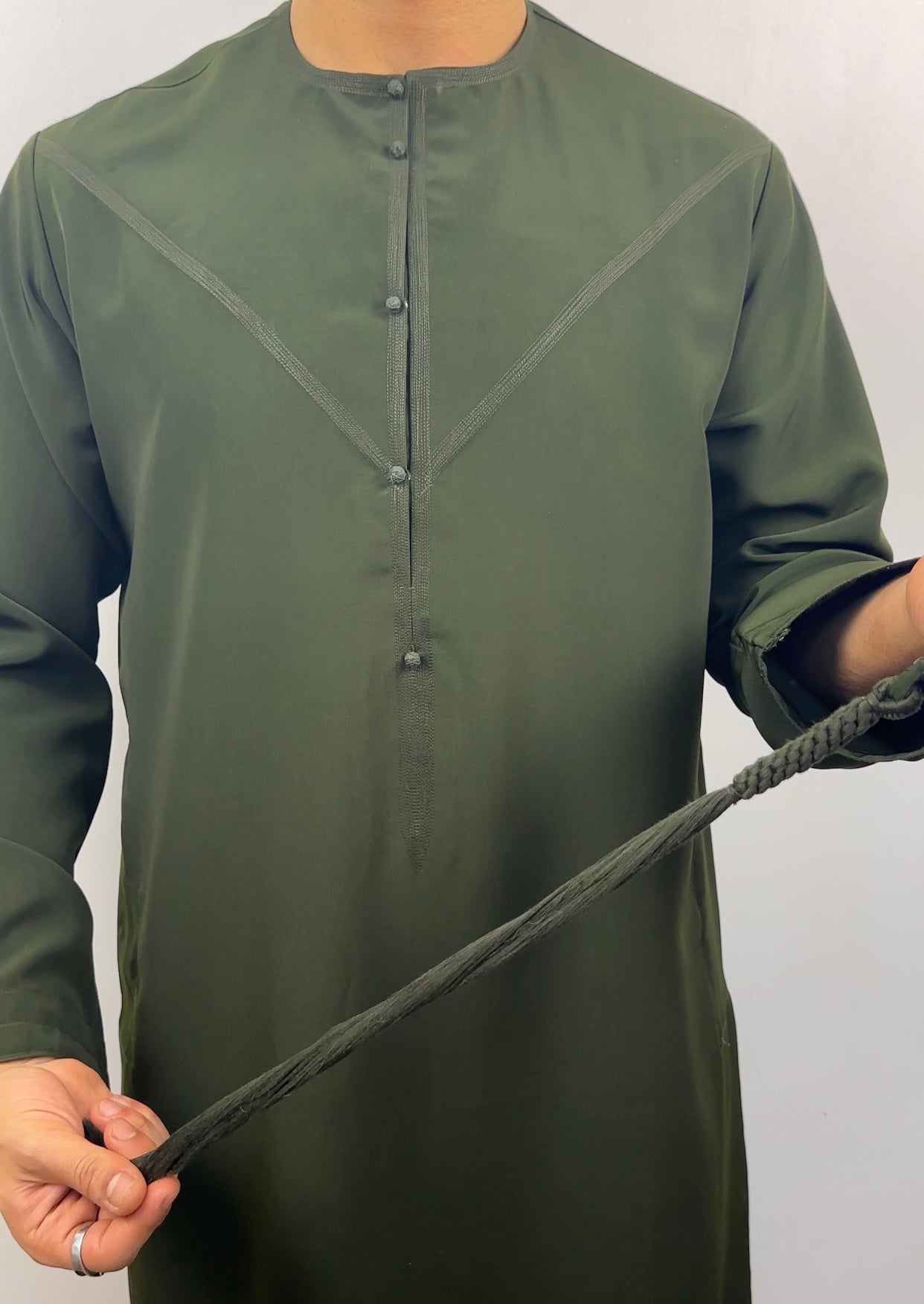 Matte Khaki Green Emirati thobe with detachable tassel