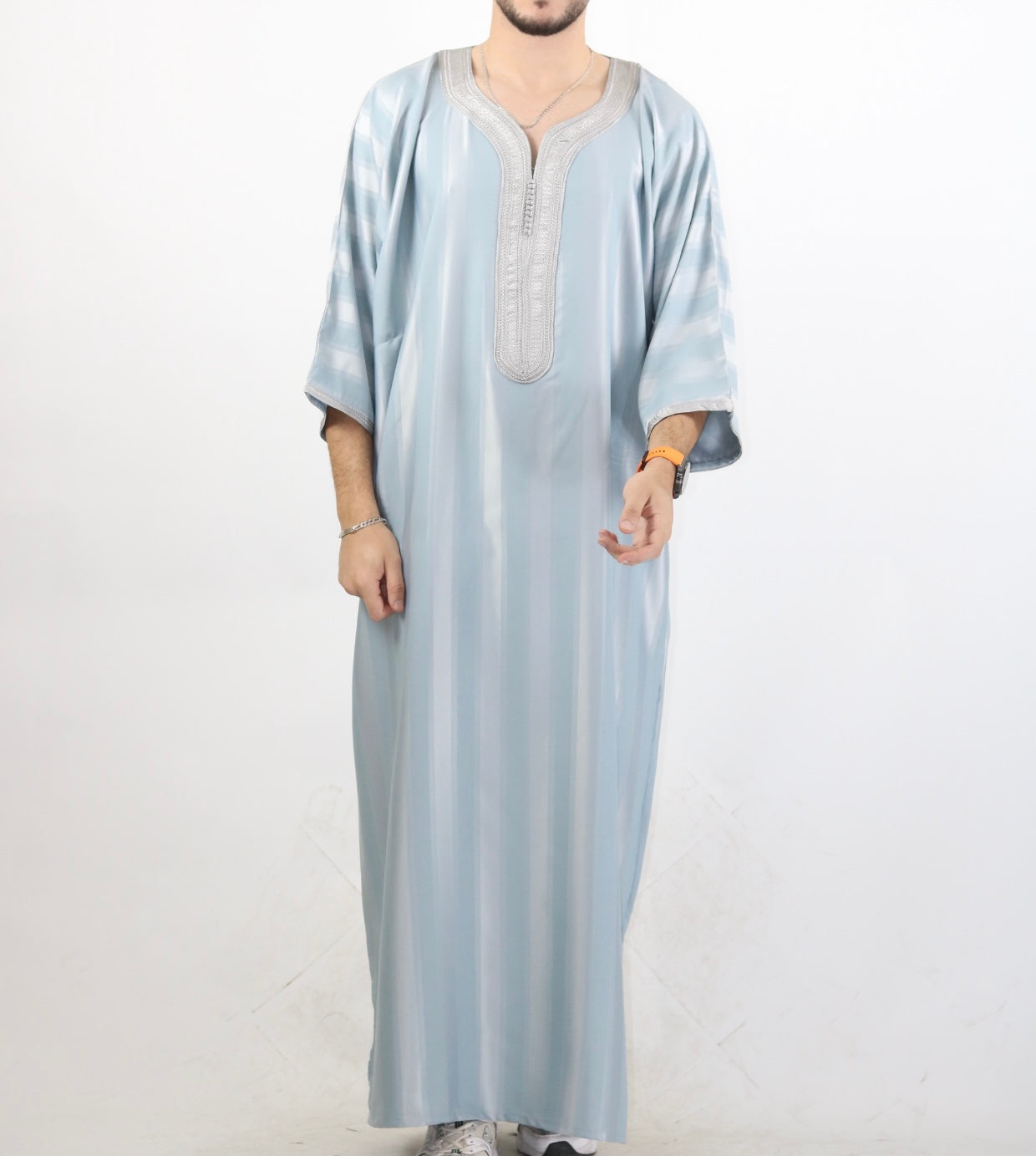 Grey on cloud blue Jawhara striped Moroccan short sleeve thobe