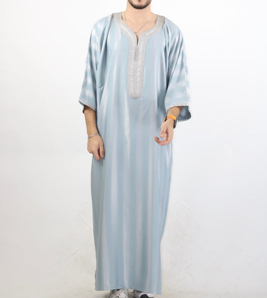 Grey on cloud blue Jawhara striped Moroccan short sleeve thobe