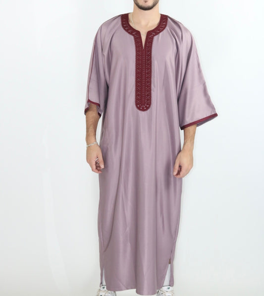 Burgundy on Lilac Moroccan gabardine short sleeve thobe