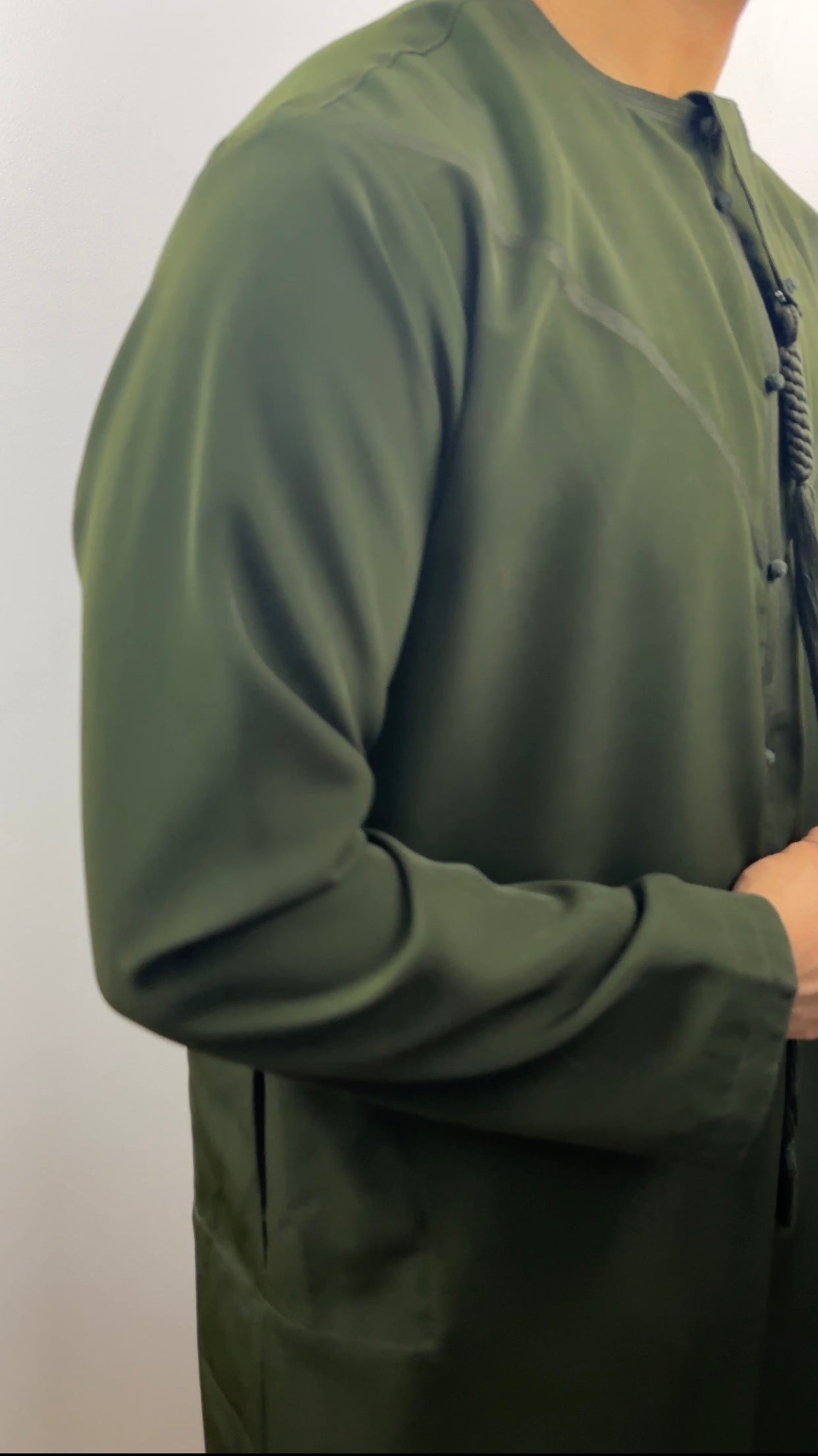 Matte Khaki Green Emirati thobe with detachable tassel