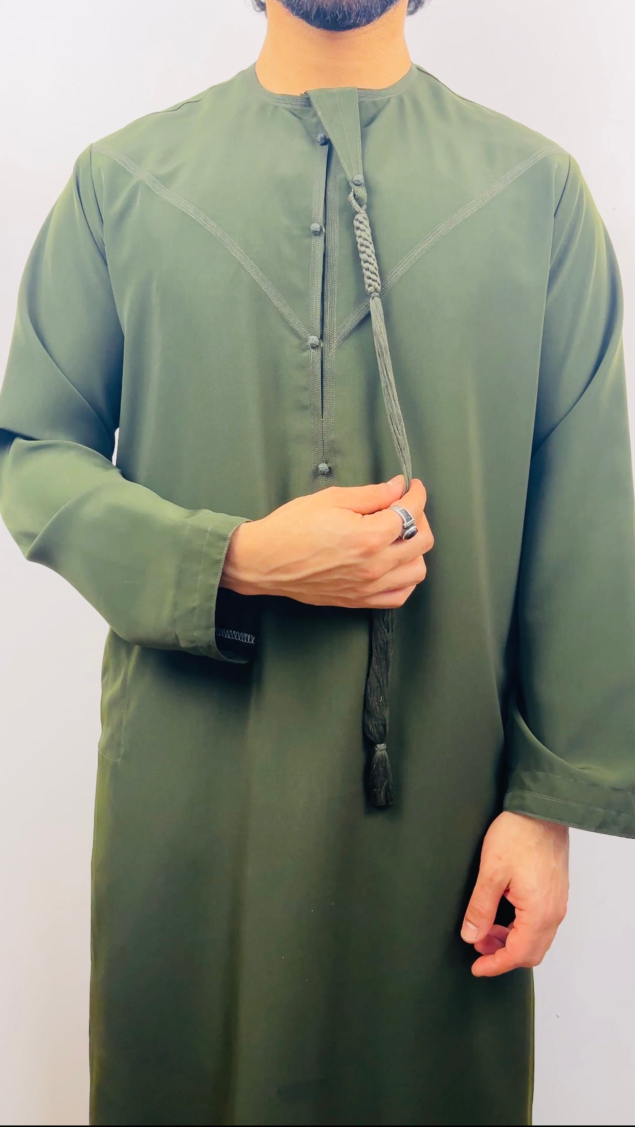 Matte Olive Green Emirati thobe with detachable tassel