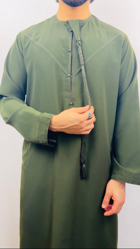 Matte Olive Green Emirati thobe with detachable tassel