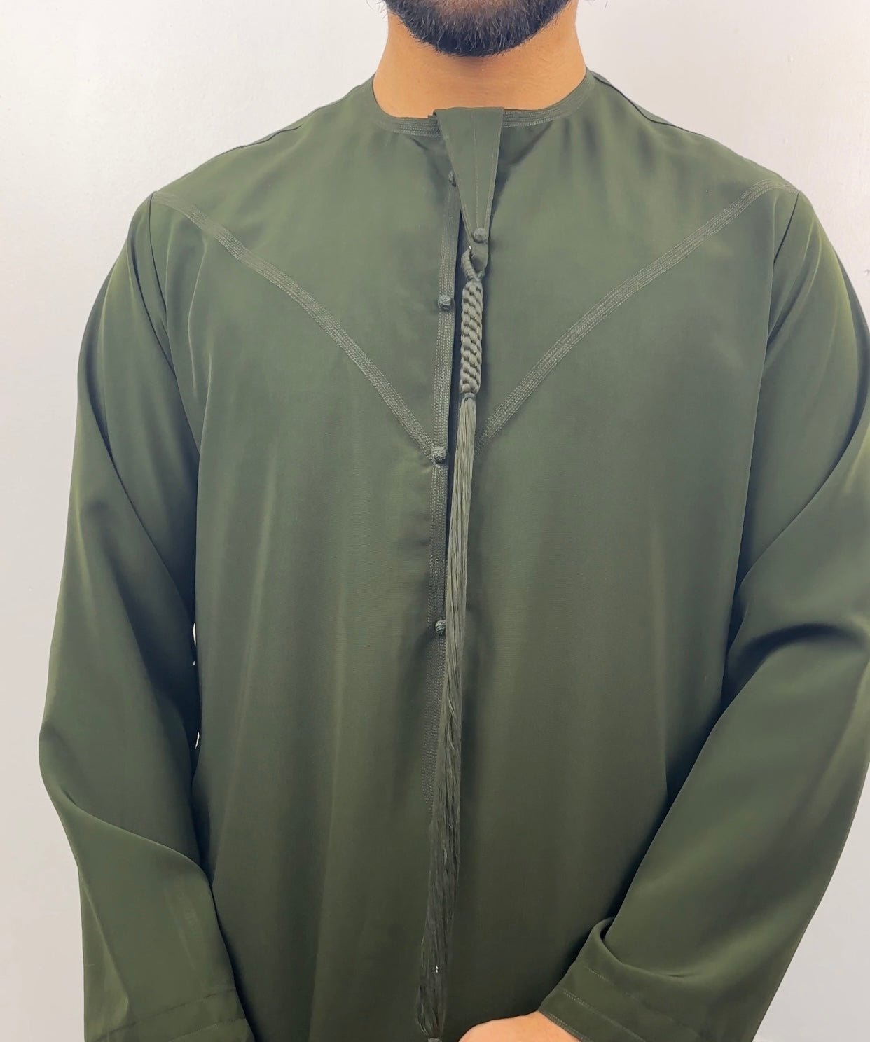 Matte Khaki Green Emirati thobe with detachable tassel