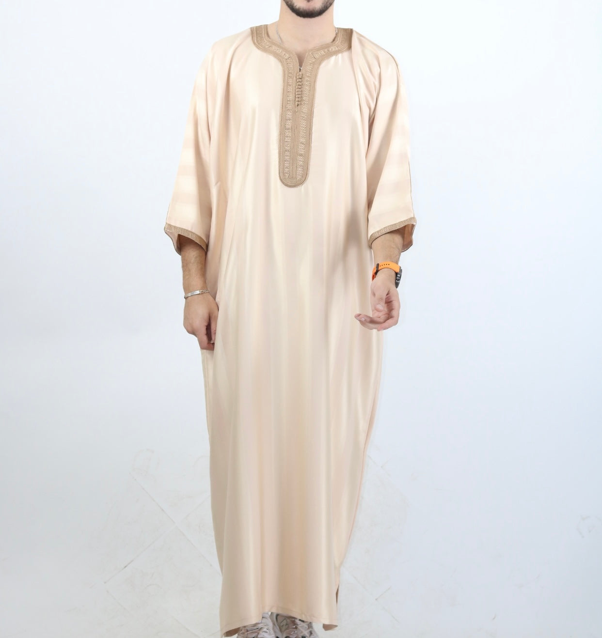 Mocha Jawhara striped Moroccan short sleeve thobe