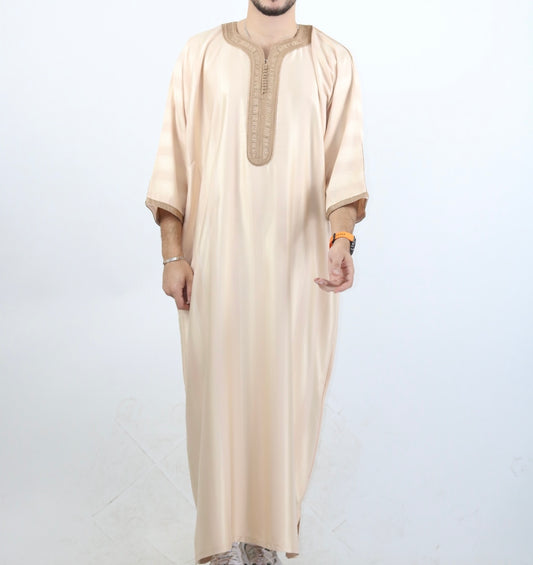 Mocha Jawhara striped Moroccan short sleeve thobe