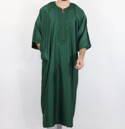 Green Moroccan gabardine short sleeve thobe