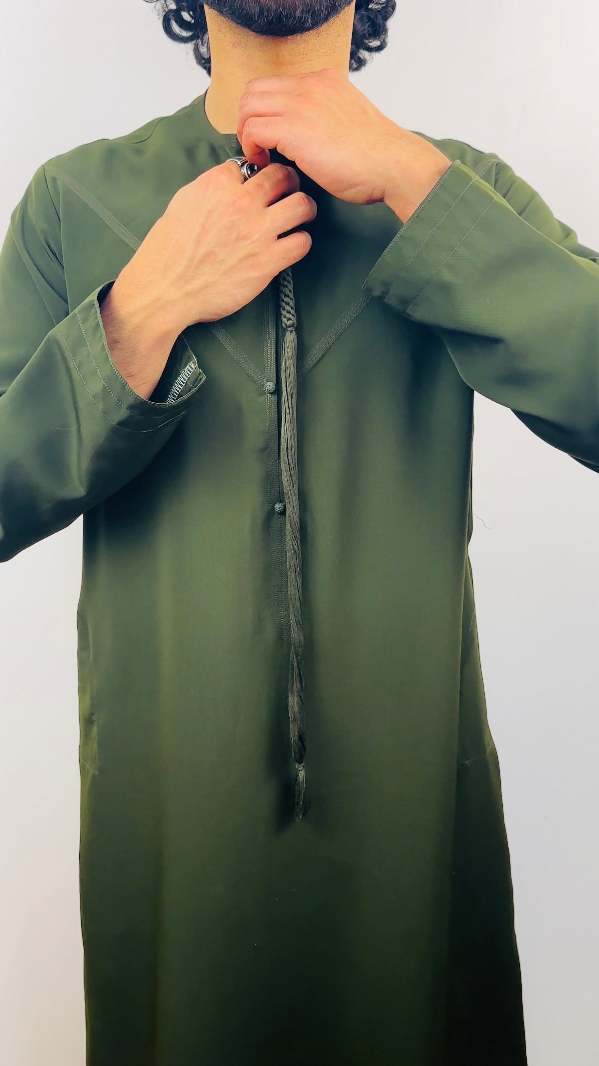 Matte Olive Green Emirati thobe with detachable tassel