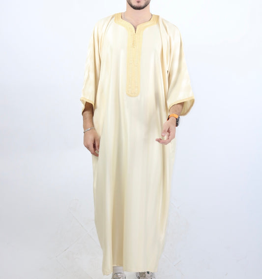 Gold on cream Jawhara striped Moroccan short sleeve thobe
