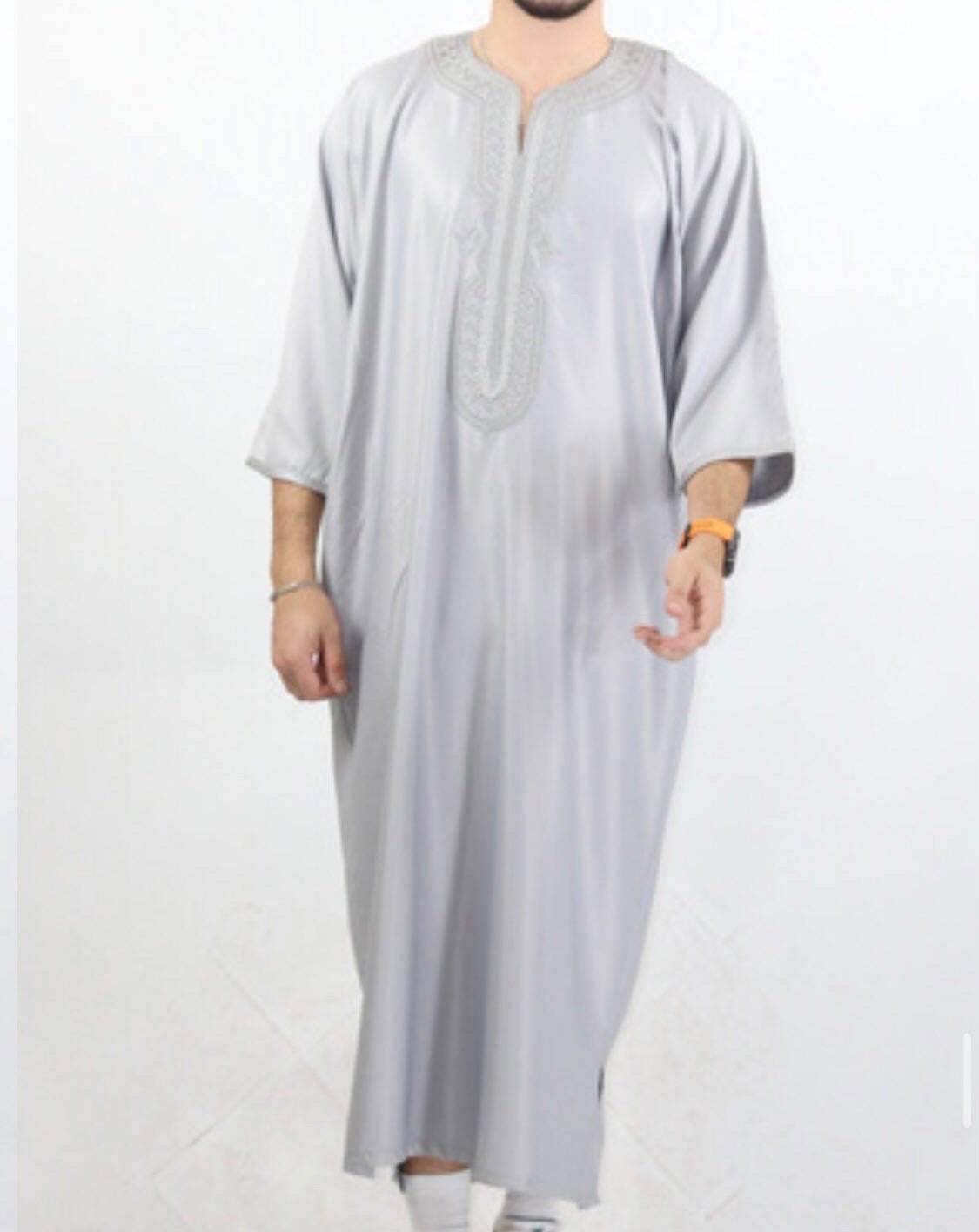Grey Moroccan gabardine short sleeve thobe