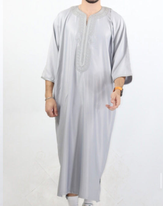 Grey Moroccan gabardine short sleeve thobe