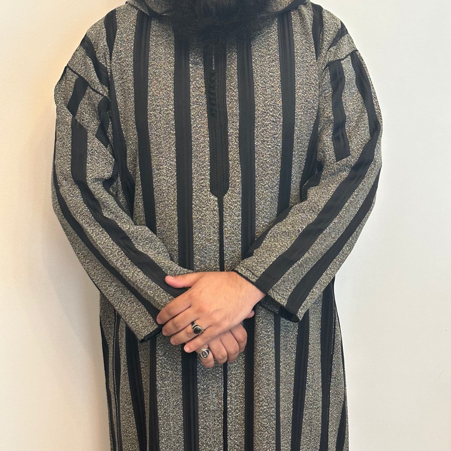Graphite grey with black stripes Moroccan hooded thobe