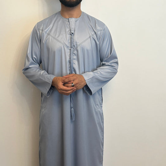 Sky blue with grey undertone silky Emirati thobe with detachable tassel