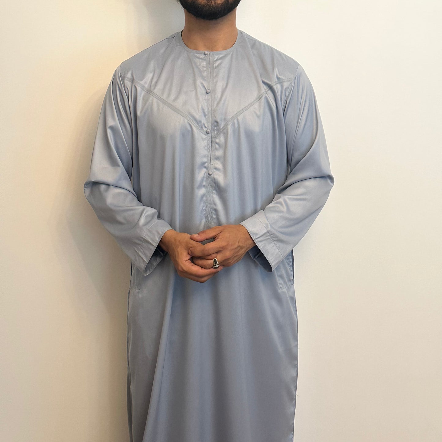 Sky blue with grey undertone silky Emirati thobe with detachable tassel