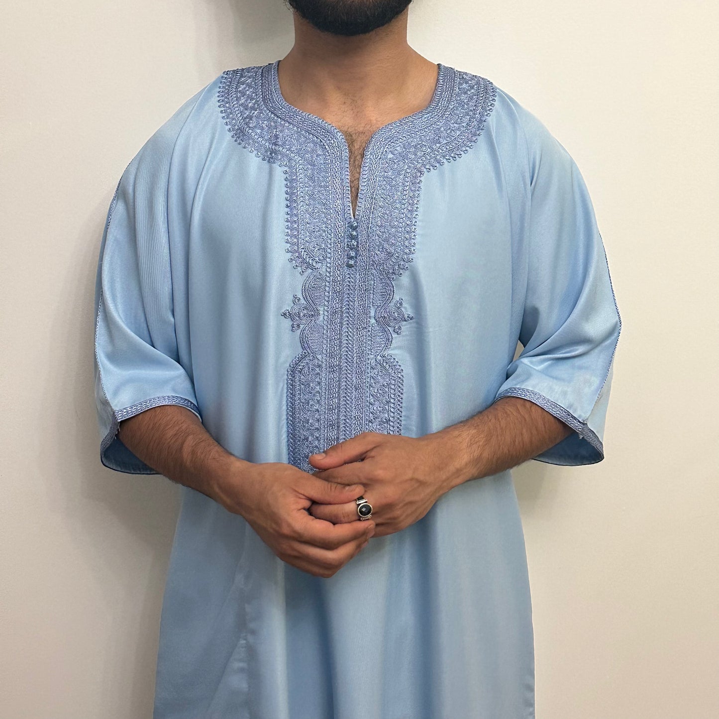 Baby blue on blue Moroccan silk effect gabardine short sleeve thobe