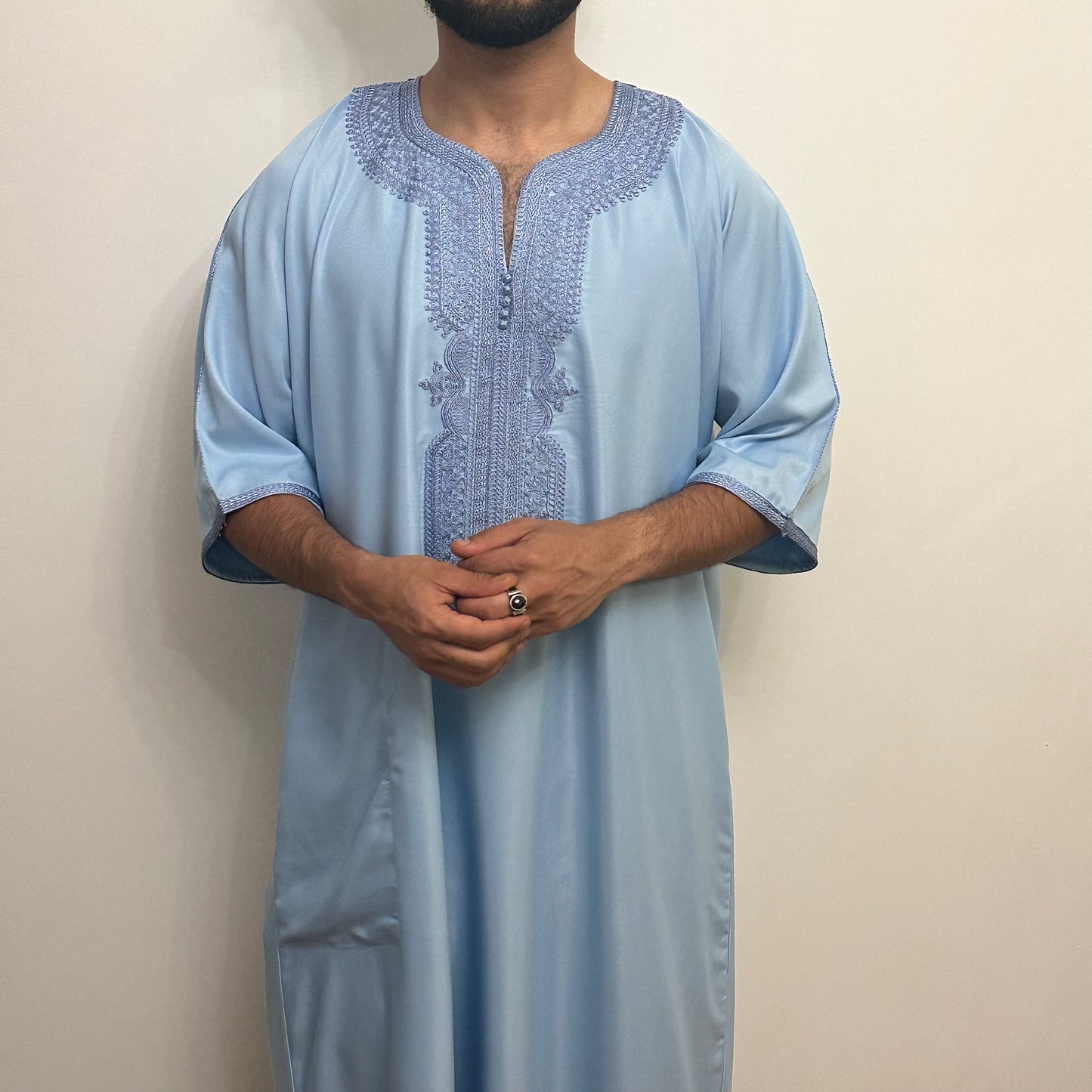 Baby blue on blue Moroccan silk effect gabardine short sleeve thobe