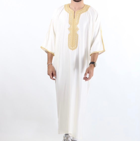 Gold on White Moroccan gabardine short sleeve thobe