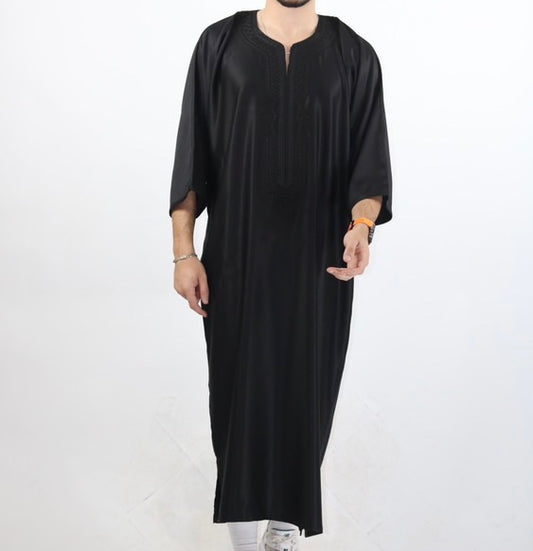 Black Moroccan gabardine short sleeve thobe