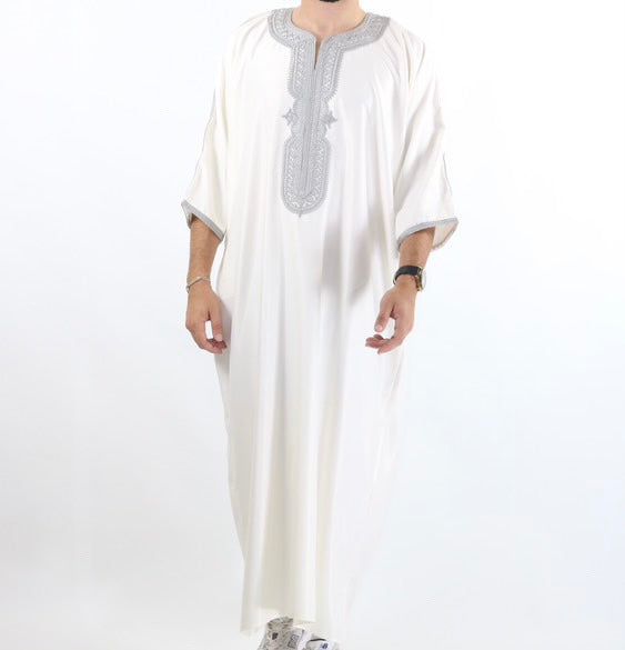 Silver on White Moroccan gabardine short sleeve thobe