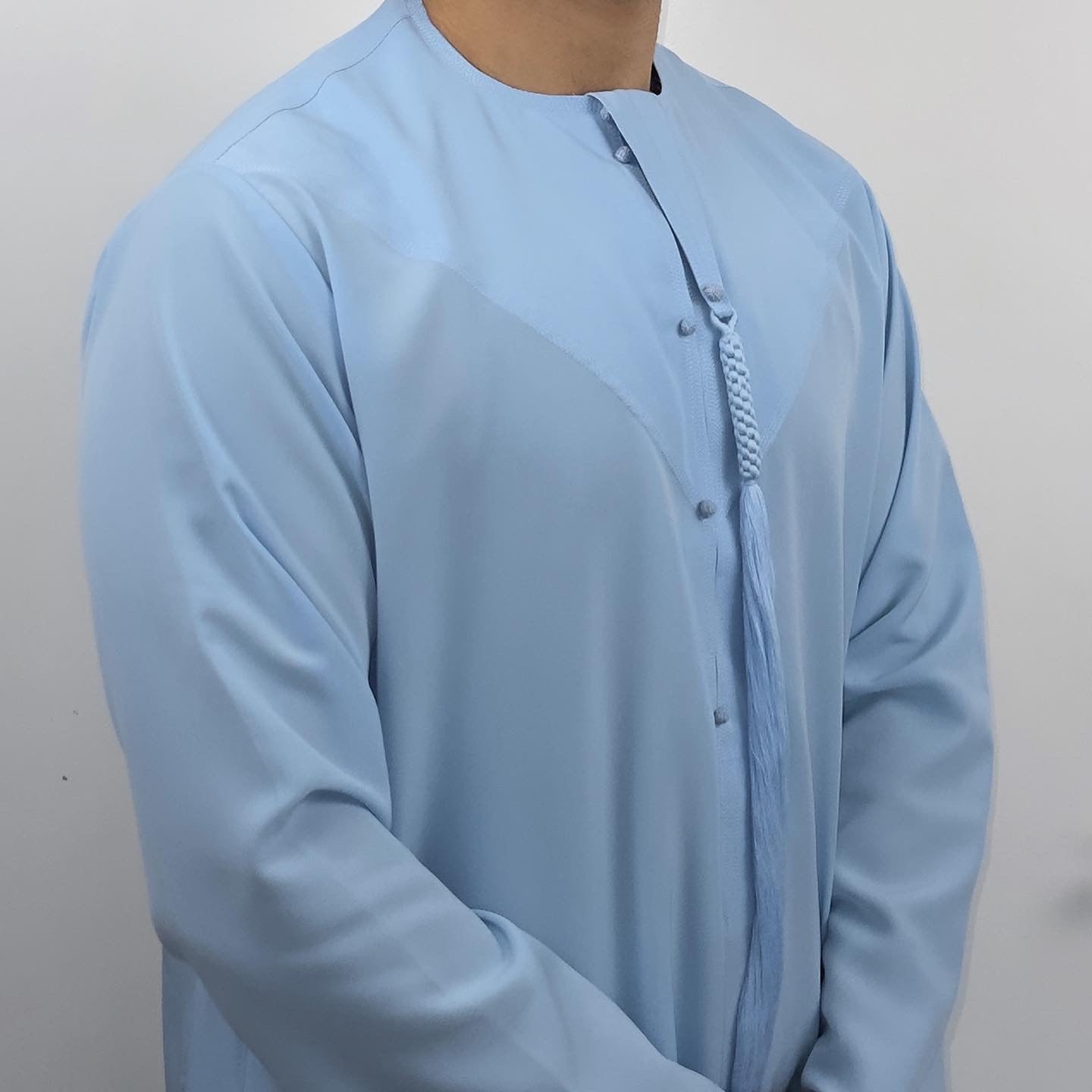 Matte Baby Blue Emirati thobe with detachable tassel