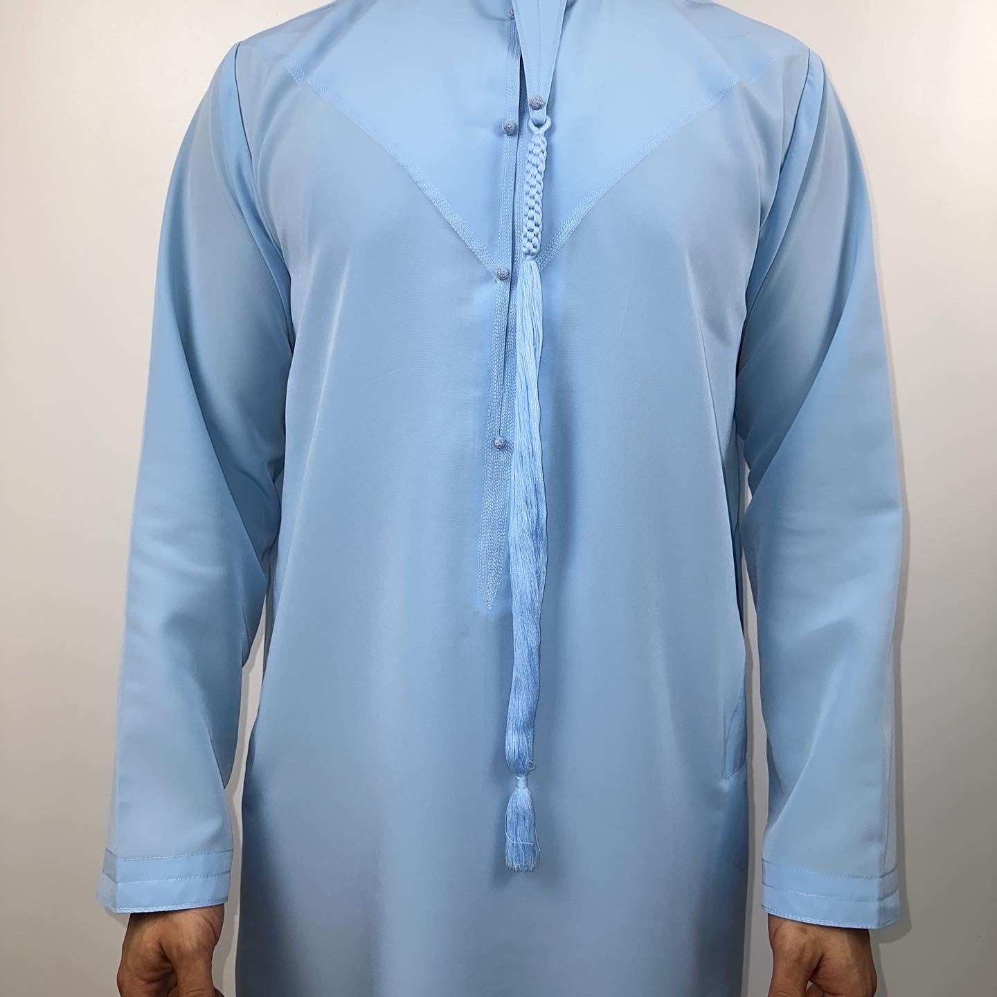 Matte Baby Blue Emirati thobe with detachable tassel