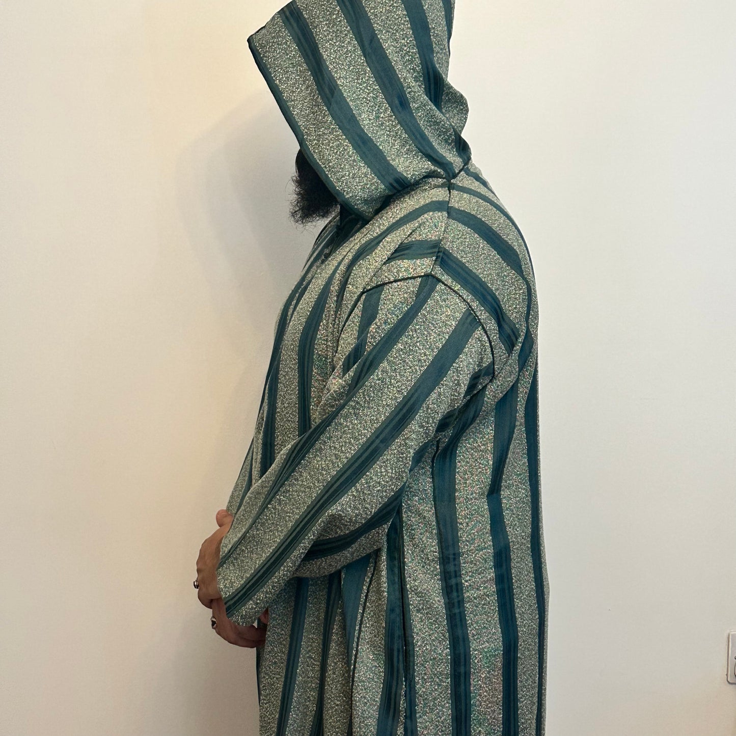 Graphite light green with green stripes Moroccan hooded thobe