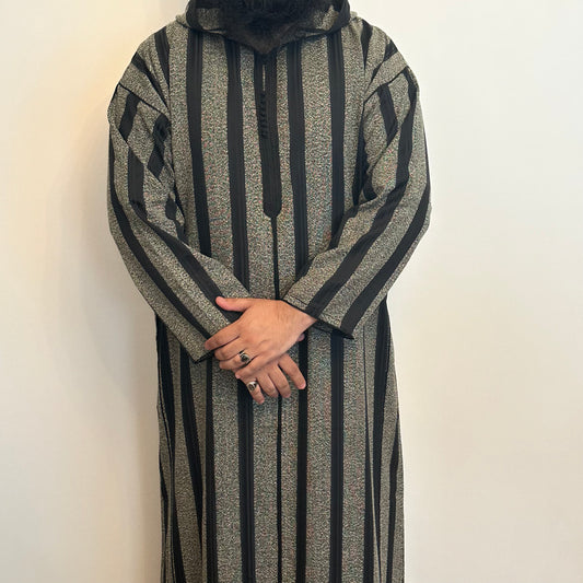 Graphite grey with black stripes Moroccan hooded thobe